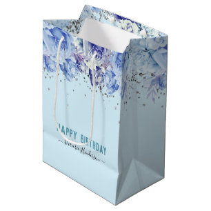 Sac Cadeau Moyen Parties scintillant florale Bleu clair Joyeux anni