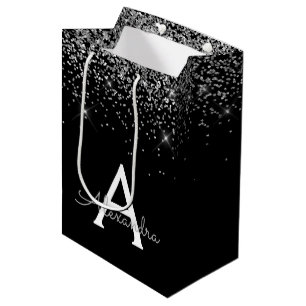 Sac Cadeau Moyen Parties scintillant noire en argent et monogramme