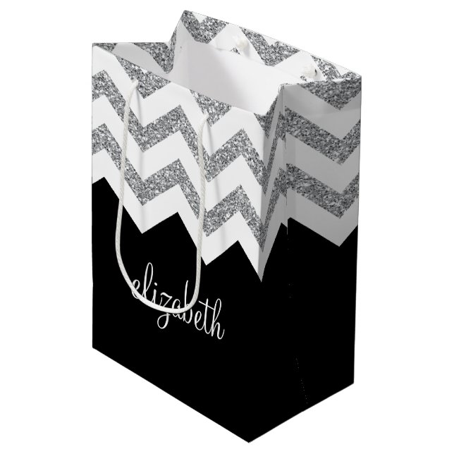 Sac Cadeau Moyen Parties scintillant noire et argent Imprimer Chevr (Devant Angle)