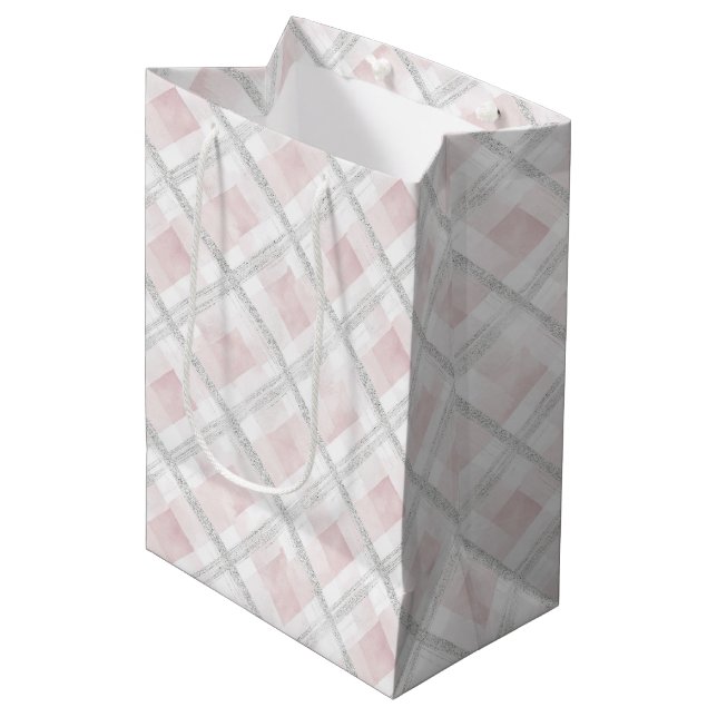 Sac Cadeau Moyen Parties scintillant rose blanc argent Carrés Anniv (Devant Angle)