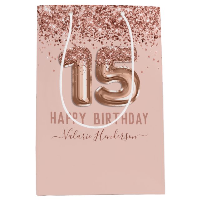 Sac Cadeau Moyen Parties scintillant rose élégant Joyeux 15e annive (Devant)