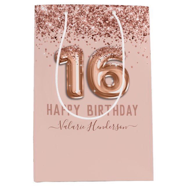Sac Cadeau Moyen Parties scintillant rose élégant Joyeux 16e annive (Devant)