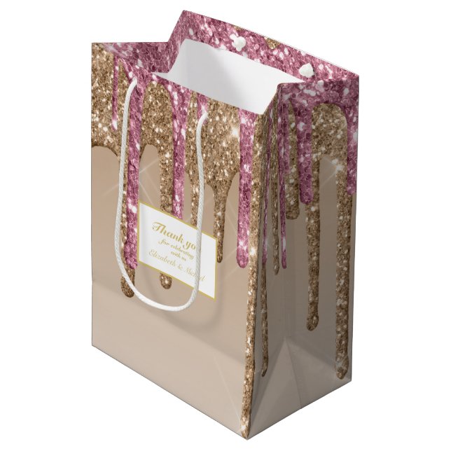 Sac Cadeau Moyen Parties scintillant  Rose Rose Gold Girls MERCI (Devant Angle)