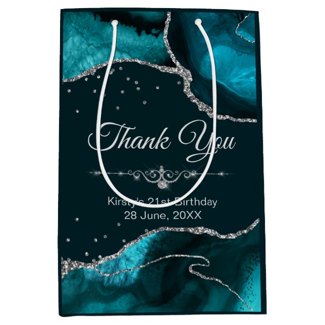 Sac Cadeau Moyen Parties scintillant turquoise et argent Agate Anni (Devant)