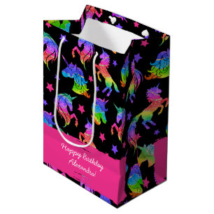 Sac Cadeau Moyen Parties scintillant Unicorn Arc en ciel avec préno