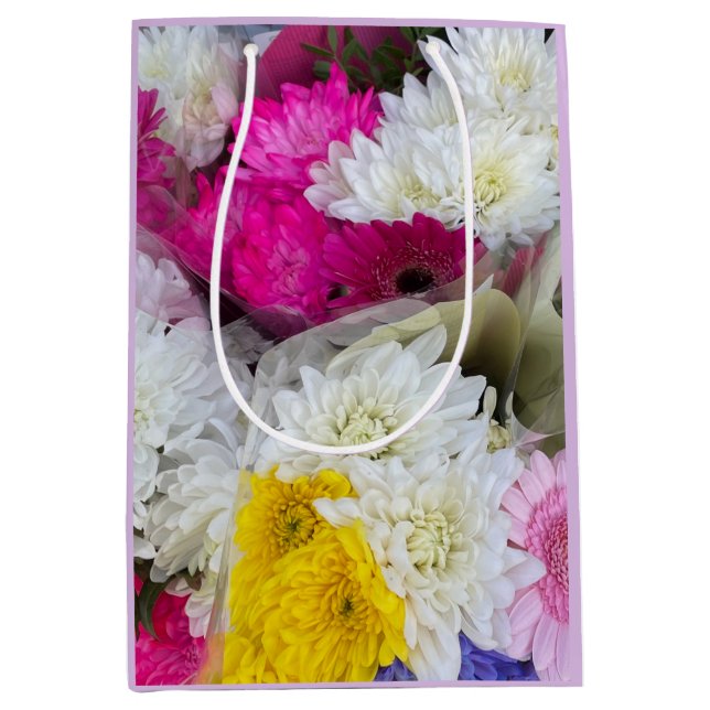 Sac Cadeau Moyen Pastel Floral Rose, Jaune & Blanc Chrysanthème (Devant)