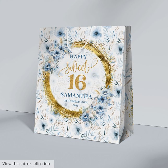 Sac Cadeau Moyen Pastel Moderne Bleu Douceur 16 Parties scintillant (Modern Pastel Blue Sweet 16 Gold Glitter Gift Bag)