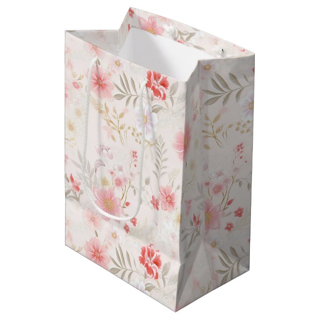 Sac Cadeau Moyen Pastel Pink Red White Flowers Pattern Wine, Small, (Devant Angle)