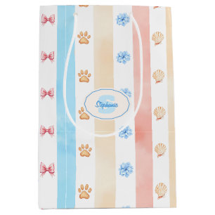 Sac Cadeau Moyen Pastel Stripe - Empreintes de pattes, Fleur Bleue,