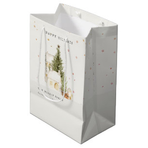 Sac Cadeau Moyen Pastel White Snow Tree Maisons Joyeuses Fêtes
