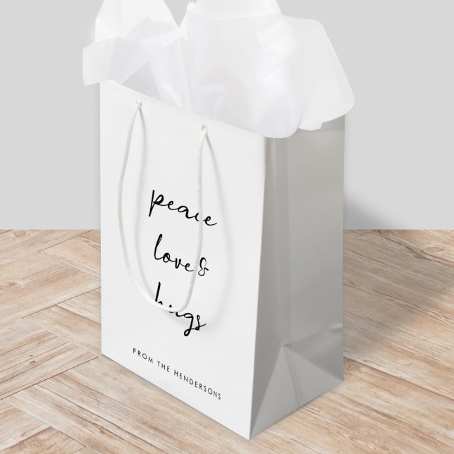 Sac Cadeau Moyen Peace Love and Hugs Minimal Simple White Christmas (Créateur téléchargé)