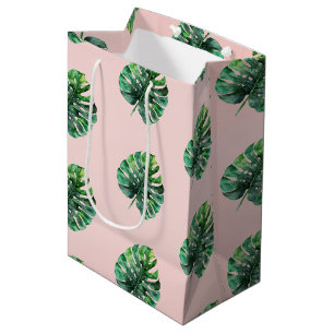 Sac Cadeau Moyen Peach rose pâle vert Feuilles tropicaux