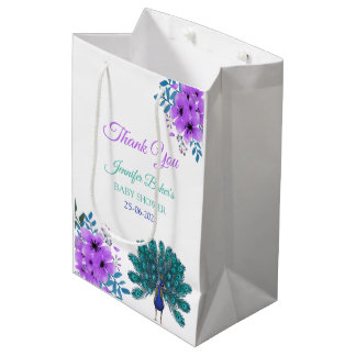 Sac Cadeau Moyen Peacock vert et bleu | Fleurs d'aquarelle violette