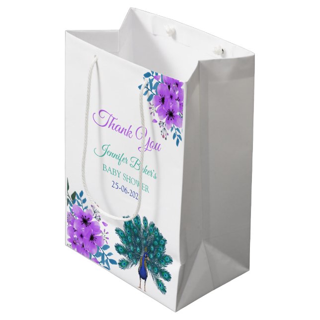 Sac Cadeau Moyen Peacock vert et bleu | Fleurs d'aquarelle violette (Devant Angle)