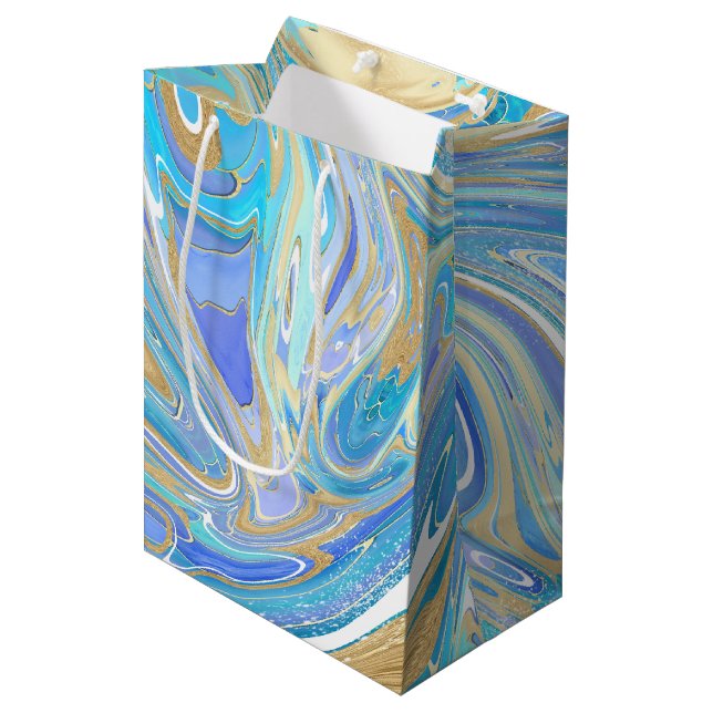 Sac Cadeau Moyen Pearlescent Aqua & Gold en marbre liquide (Devant Angle)