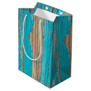 Sac Cadeau Moyen Peinture Turquoise Sur Bois Patiné