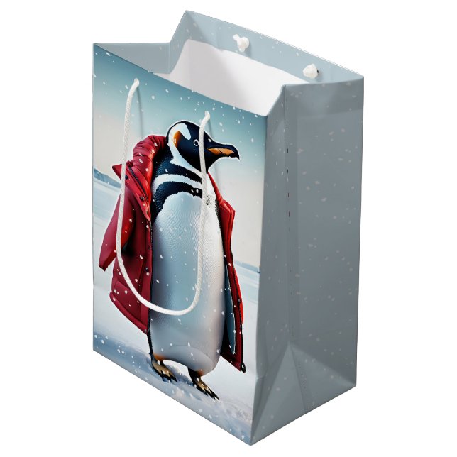 Sac Cadeau Moyen Penguin de Noël portant un manteau rouge (Devant Angle)