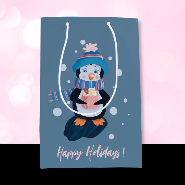 Sac Cadeau Moyen Penguin with Hot Cocoa Blue Holiday Gift Bag (Créateur téléchargé)