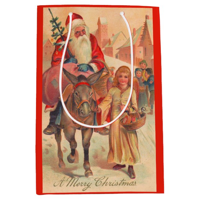 Sac Cadeau Moyen Père Noël à dos d'âne Joyeux Noël (Devant)