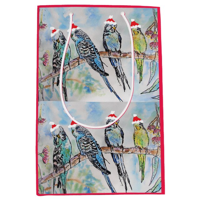 Sac Cadeau Moyen Père Noël Budgie Noël aquarelle peinture oiseau (Devant)