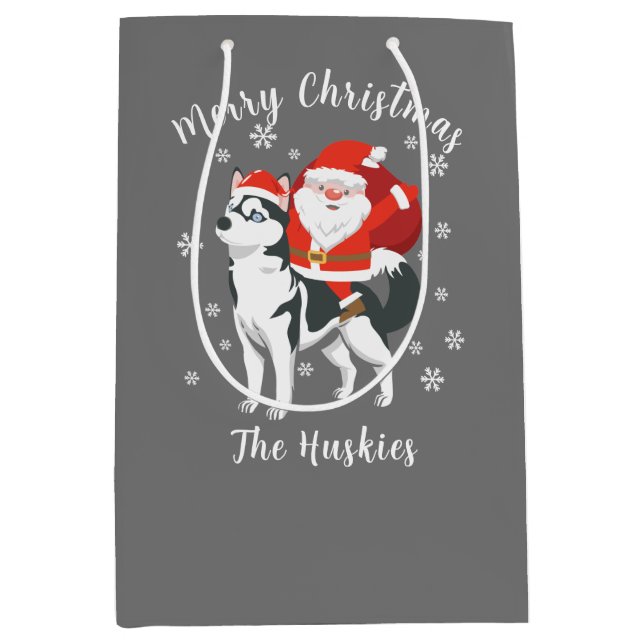 Sac Cadeau Moyen Père Noël chevauchant un chien Husky Joyeux Noël (Devant)