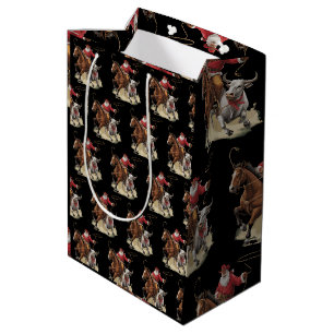 Sac Cadeau Moyen Père Noël Cowboy Western Roping Noël Vintage