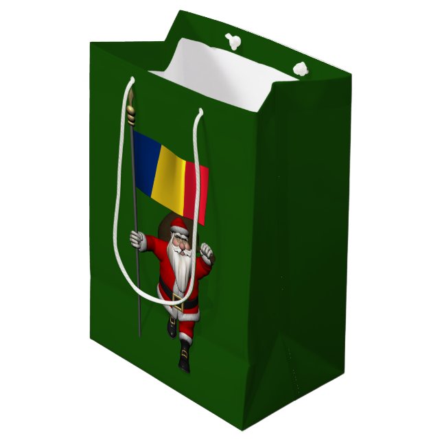 Sac Cadeau Moyen Père Noël Doux Avec Drapeau De Roumanie (Devant Angle)