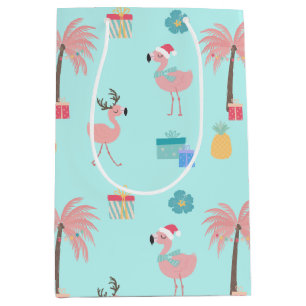 Sac Cadeau Moyen Père Noël Flamingo Pattern Amusant Turquoise Tropi