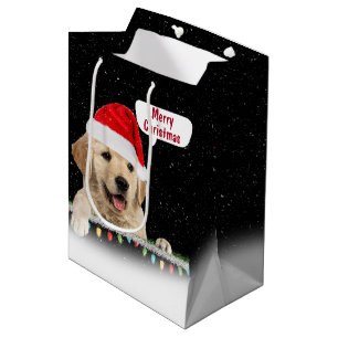 Sac Cadeau Moyen Père Noël Golden Retriever dans les flocons de nei