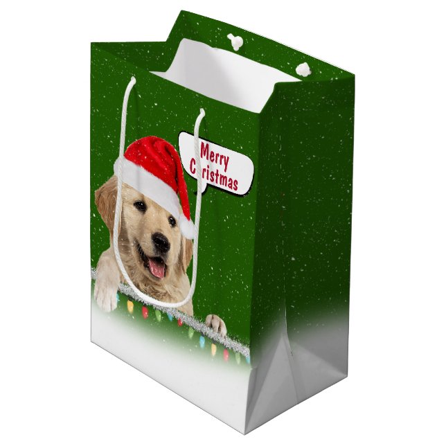 Sac Cadeau Moyen Père Noël Golden Retriever dans les flocons de nei (Devant Angle)