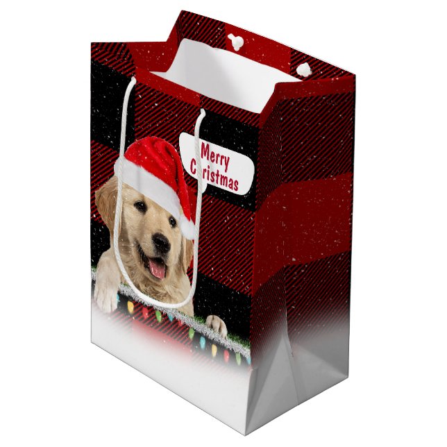 Sac Cadeau Moyen Père Noël Golden Retriever On Plaid (Devant Angle)