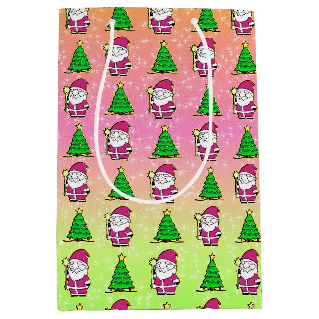 Sac Cadeau Moyen Père Noël rose et arbre de Noël (Devant)