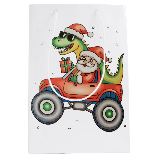 Sac Cadeau Moyen Père Noël T Rex Dinosaur Monster Truck Noël Noël (Devant)