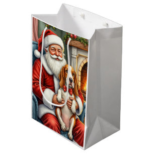 Sac Cadeau Moyen Père Noël tenant l'art de Noël de Basset Hound