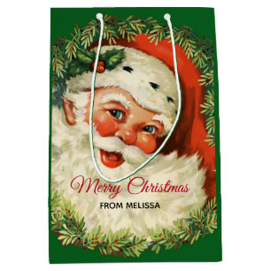 Sac Cadeau Moyen Père Noël vintage avec couronne de pin Noël