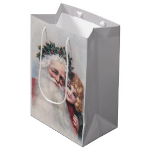 Sac Cadeau Moyen Père Noël vintage et enfant souriant