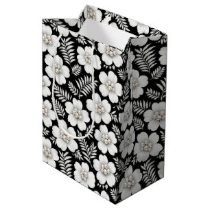 Sac Cadeau Moyen Perles blanches dans des fleurs sur fond noir