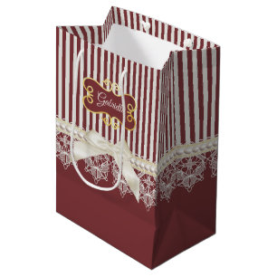 Sac Cadeau Moyen Perles et dentelle Deep Red Stripes Bow et nom