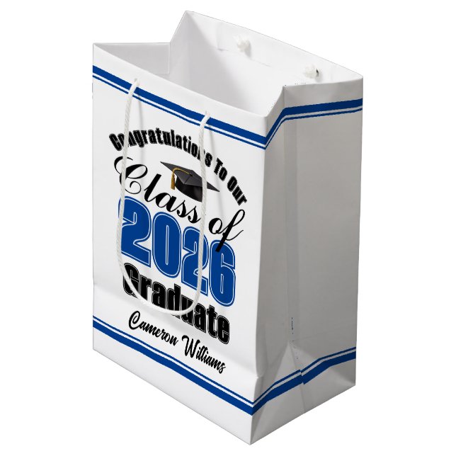 Sac Cadeau Moyen Personalized Blue Class of 2026 Graduation (Devant Angle)