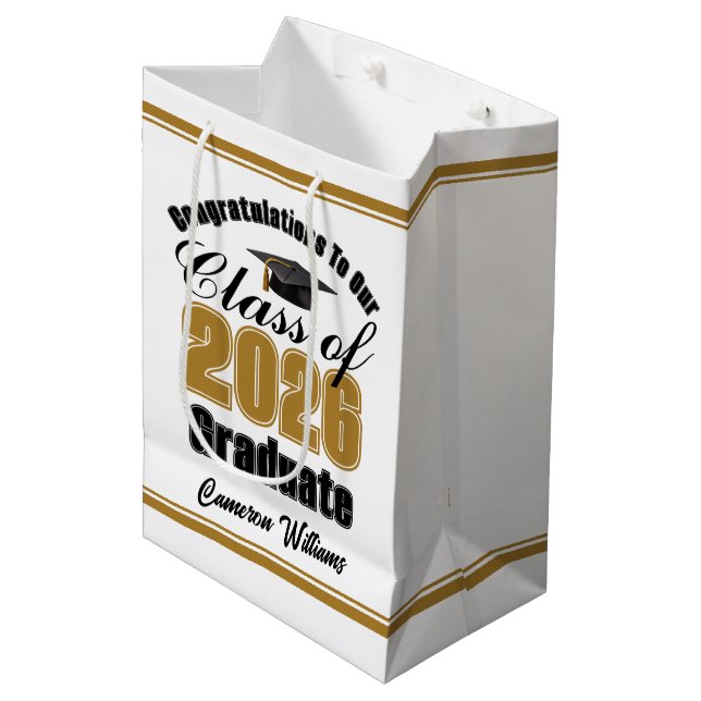 Sac Cadeau Moyen Personalized Gold Class of 2026 Graduation (Devant Angle)
