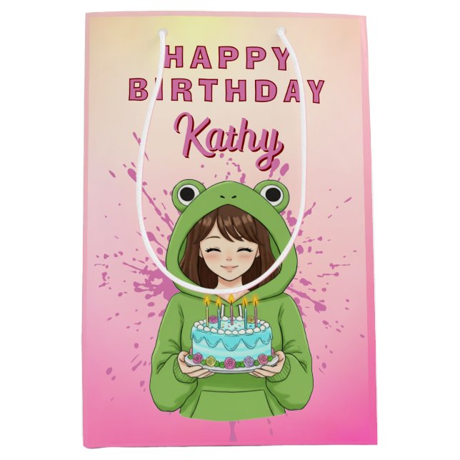 Sac Cadeau Moyen Personalized Kawaii Frog Hoodie Girl Birthday (Devant)