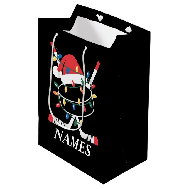 Sac Cadeau Moyen Personalized Name Christmas Hockey Xmas Santa Hat (Devant Angle)