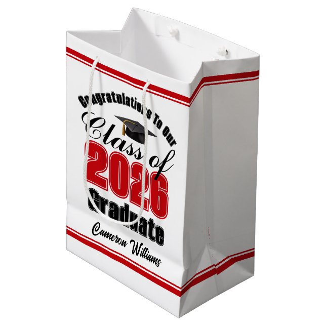 Sac Cadeau Moyen Personalized Red Class of 2026 Graduation (Devant Angle)