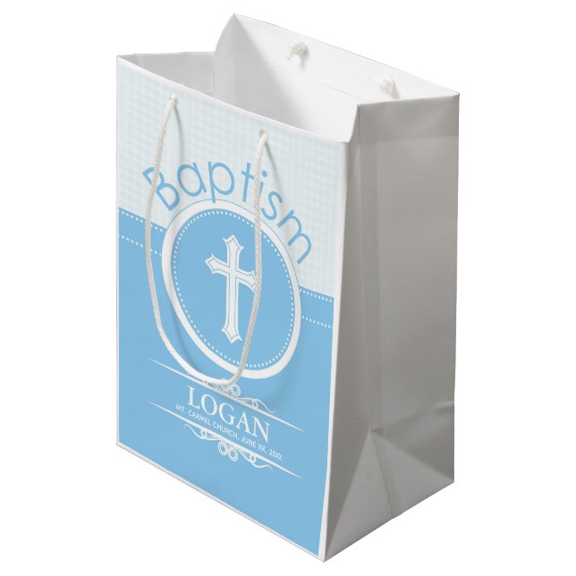 Sac Cadeau Moyen Personnalisable, Enfant Garçon Bleu de Dieu Baptêm (Devant Angle)