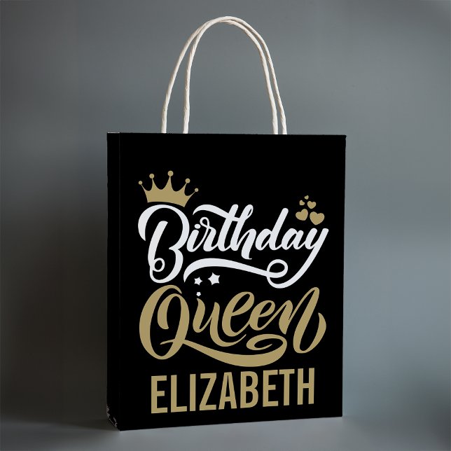 Sac Cadeau Moyen Personnalisé Anniversaire Reine Noir et Or Personn (Créateur téléchargé)