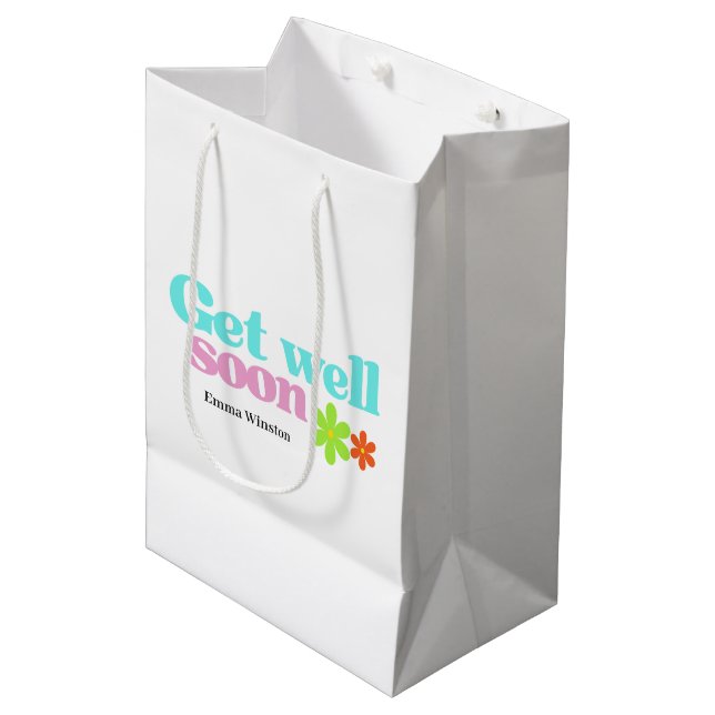 Sac Cadeau Moyen Personnalisé obtenir bien vite message floral blan (Devant Angle)