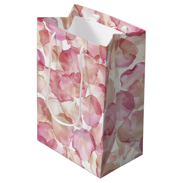 Sac Cadeau Moyen Pétales de rose rose romantique Fête de mariage fl (Devant Angle)