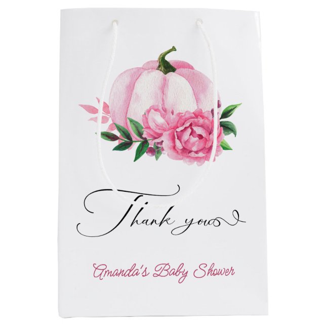 Sac Cadeau Moyen Petit Baby shower Rustique rose-rose-blanc Citroui (Devant)