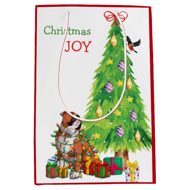 Sac Cadeau Moyen Petit Bulldog et sapin de Noël (Devant)