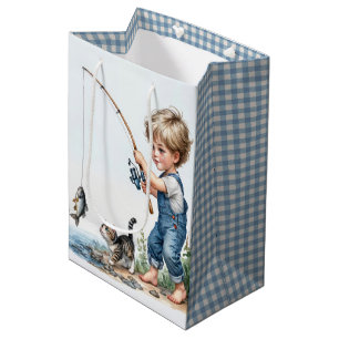 Sac Cadeau Moyen Petit Garçon Pêche avec un chaton